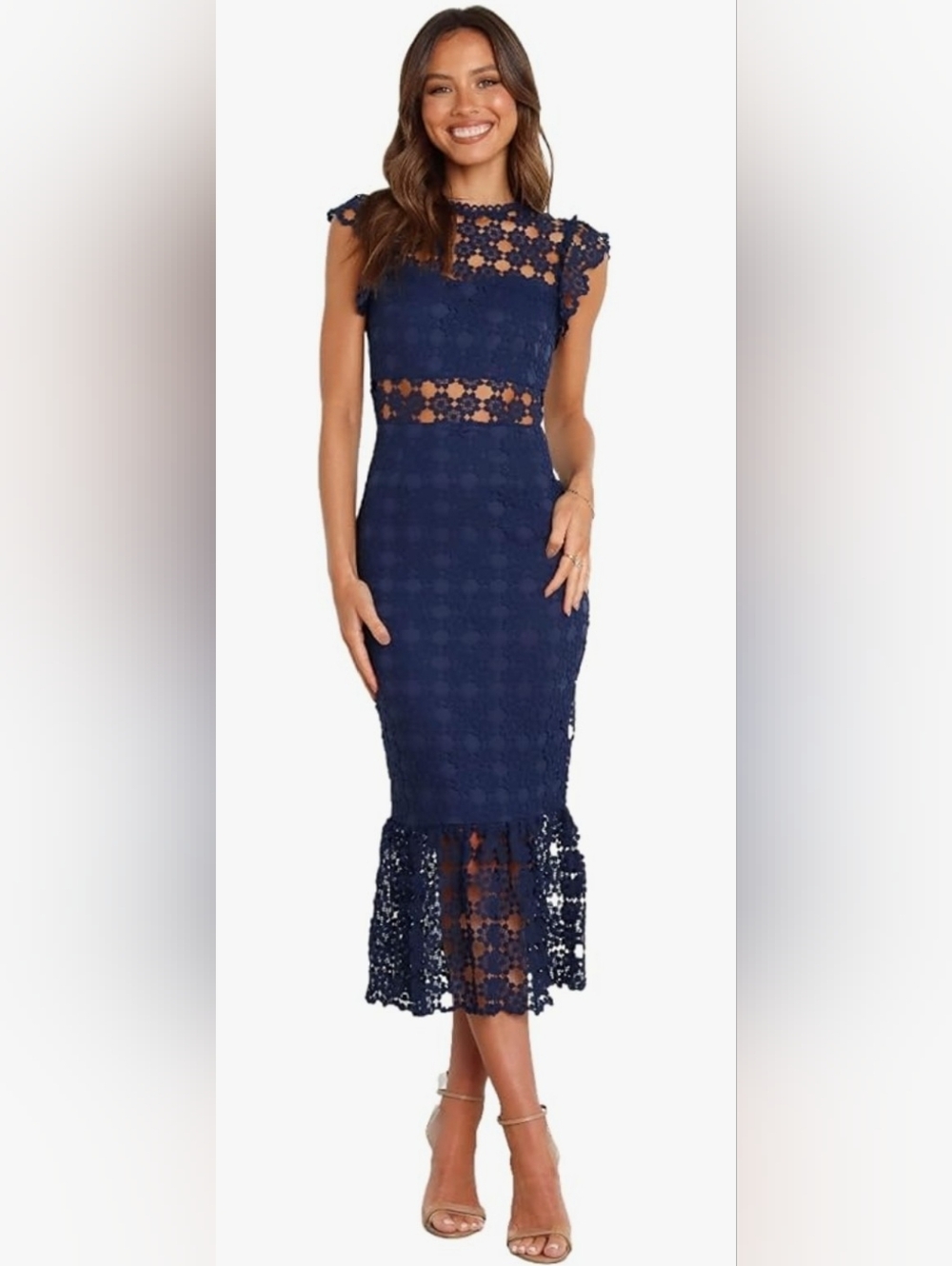 Navy Lace Midi Dress with Sheer Waist and Hem
